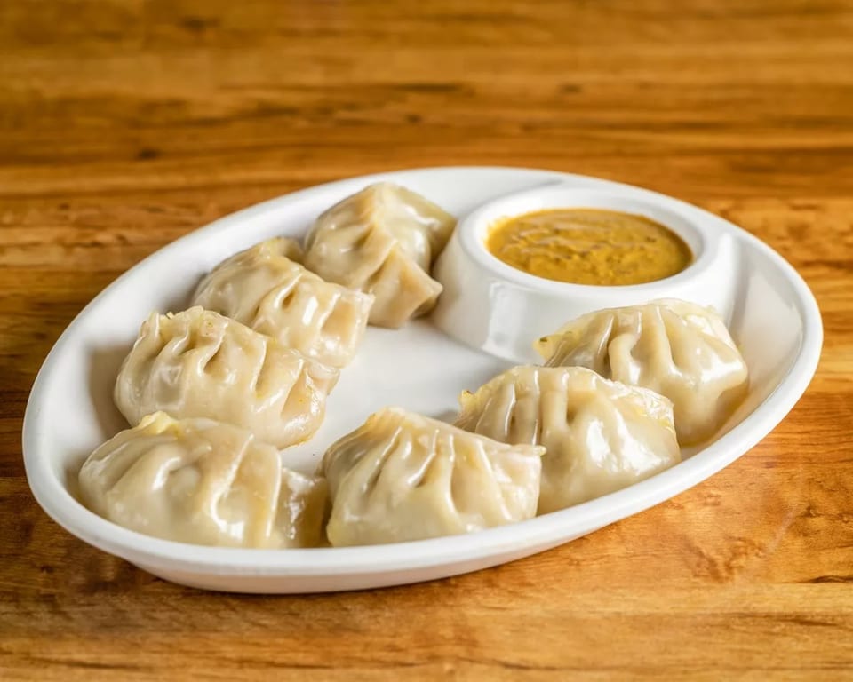 A white plate of eight steamed dumplings with a side of yellow dipping sauce on a wooden table.