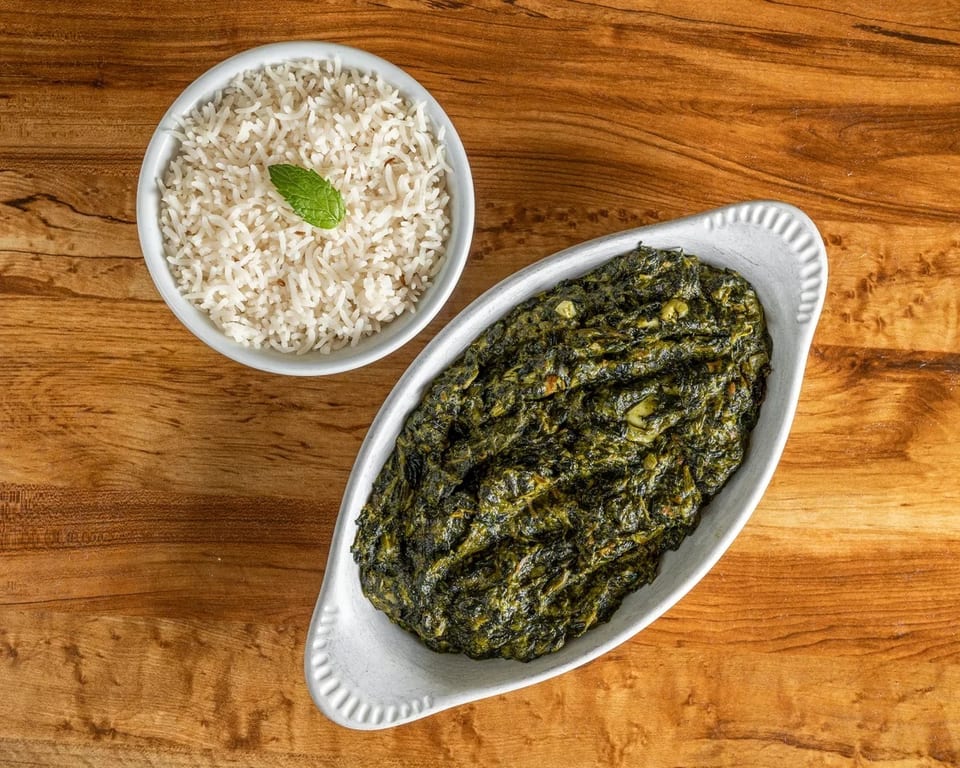 Overhead view of a white bowl of rice with a mint leaf and a white dish of green stew.